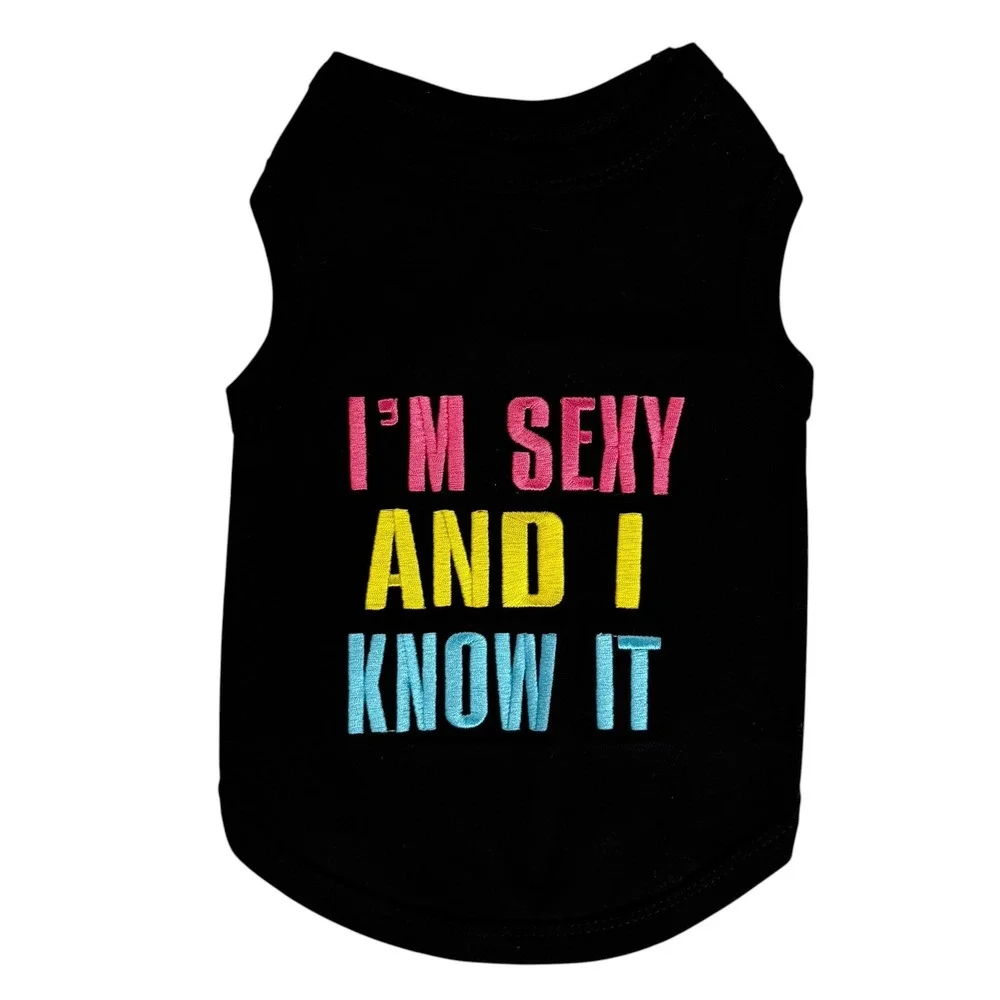Medium Dog Funny Shirt Black Tank Top 'I'm Sexy And I Know It' Embroidered Sassy